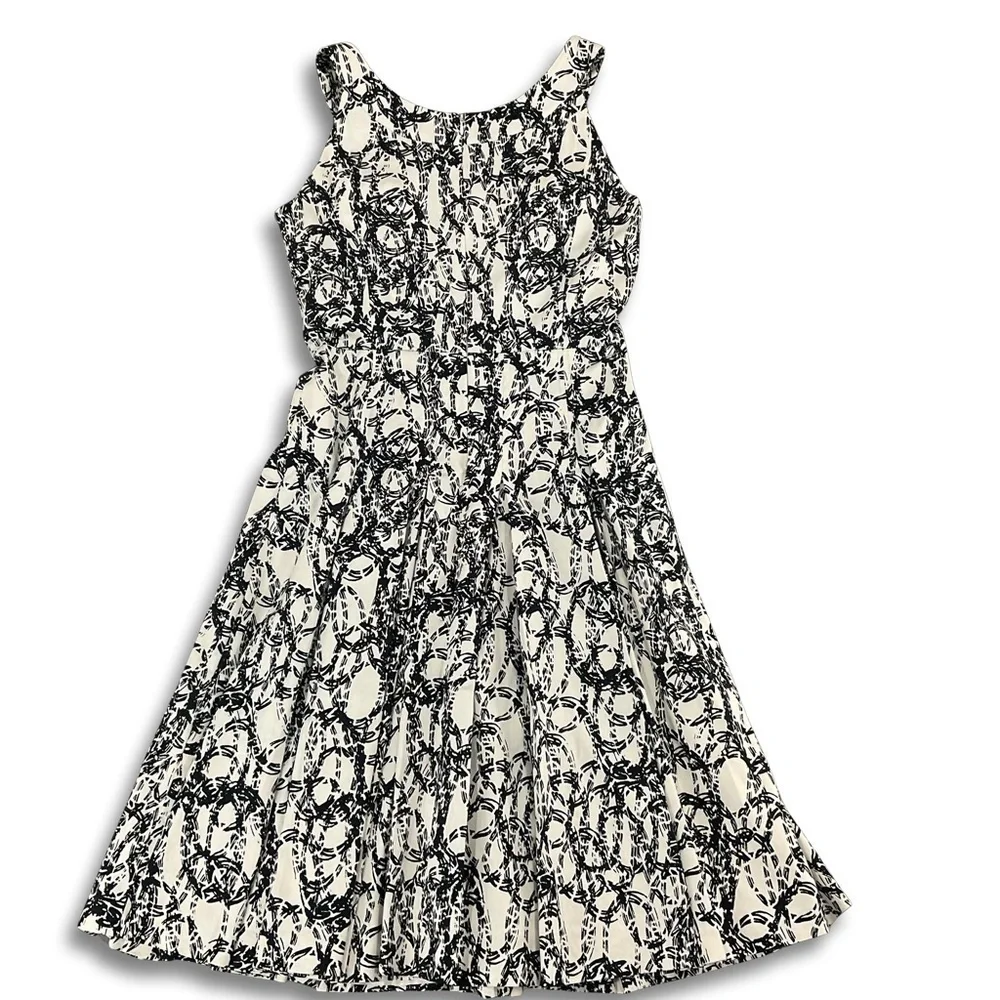 Calvin Klein A-Line Midi Dress Womens 8 Black White Abstract‎ Sleeveless Lined